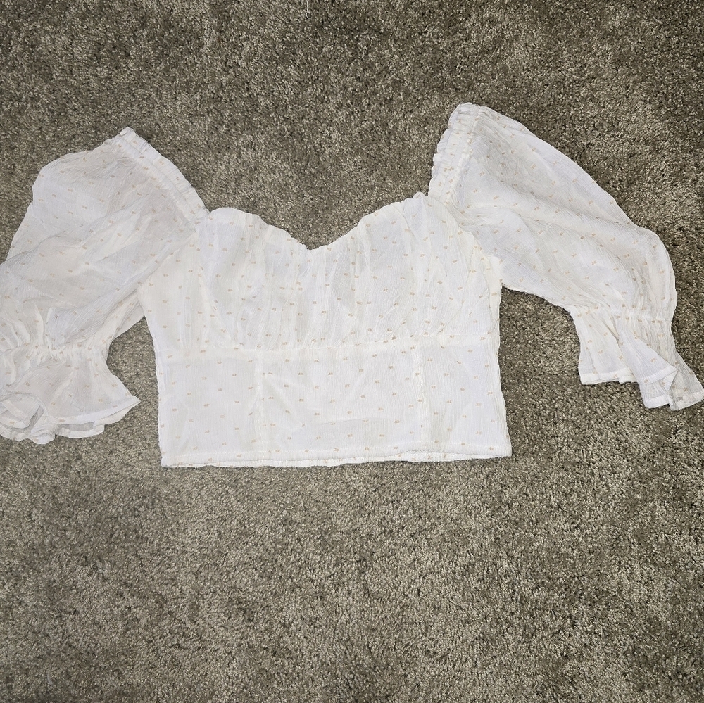 Jealous Tomato White Puff Sleeve Crop Top with Subtle Gold Dots